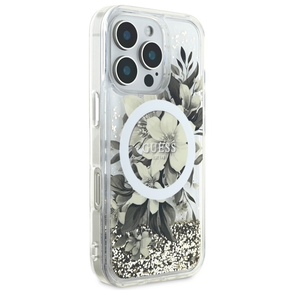 Guess iPhone 16 Pro Case Liquid Glitter Flower MagSafe, Beige
