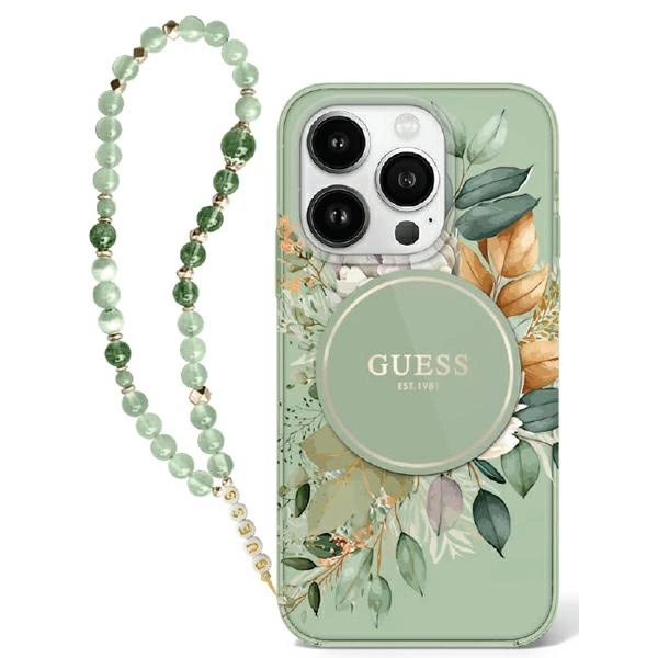 Guess IML Flowers With Pearl Strap MagSafe case for iPhone 16 Pro - green