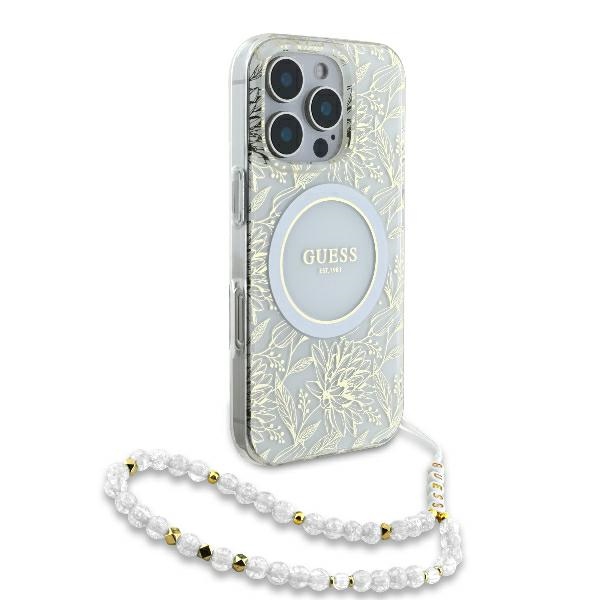 Guess iPhone 16 Pro Case IML Flowers Allover Electro with Pearl Strap, White