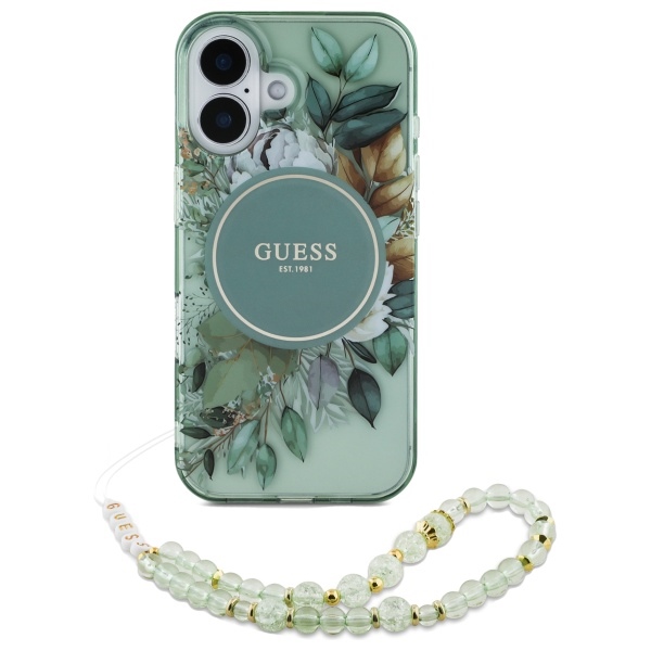 Чехол Guess IML Flowers With Pearl Strap MagSafe для iPhone 16 - зеленый