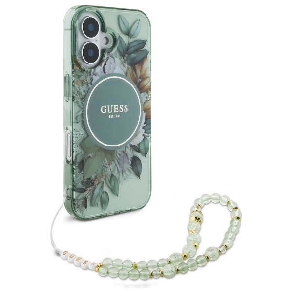 Чехол Guess IML Flowers With Pearl Strap MagSafe для iPhone 16 - зеленый