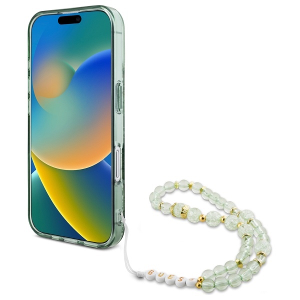 Чехол Guess IML Flowers With Pearl Strap MagSafe для iPhone 16 - зеленый