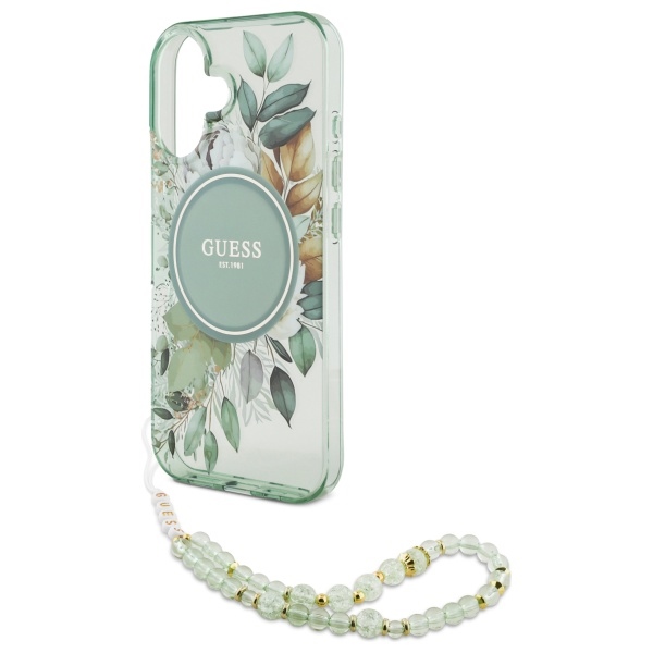 Чехол Guess IML Flowers With Pearl Strap MagSafe для iPhone 16 - зеленый