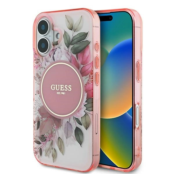 Guess iPhone 16 Case IML Flower & Tonal Circle MagSafe, Pink