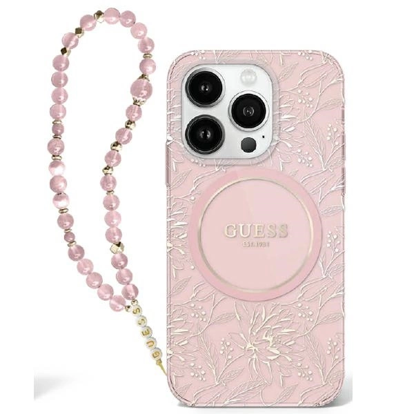 Guess IML Flowers Allover Electro ar pērļu siksniņu MagSafe iPhone 16 futrālis - rozā krāsā | With Pearl Strap...