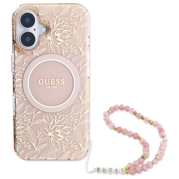 Guess IML Flowers Allover Electro With Pearl Strap MagSafe iPhone 16 Case - Pink