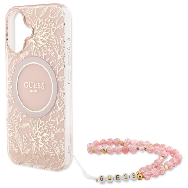 Guess IML Flowers Allover Electro With Pearl Strap MagSafe iPhone 16 Case - Pink