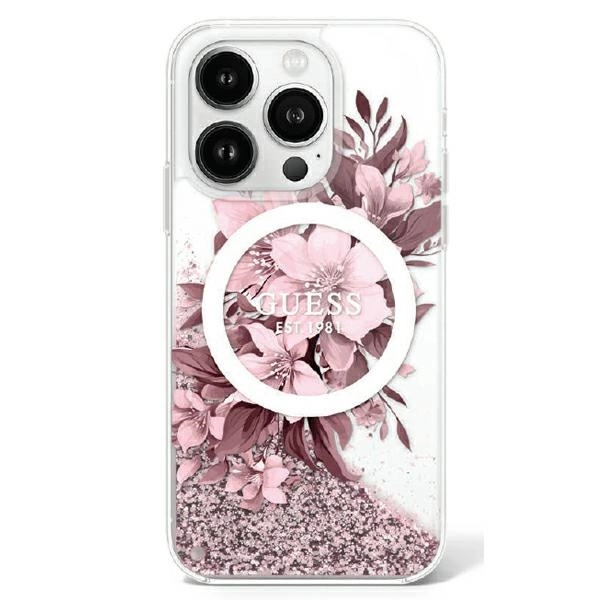 Guess Liquid Glitter Flower MagSafe iPhone 16 Case - Pink