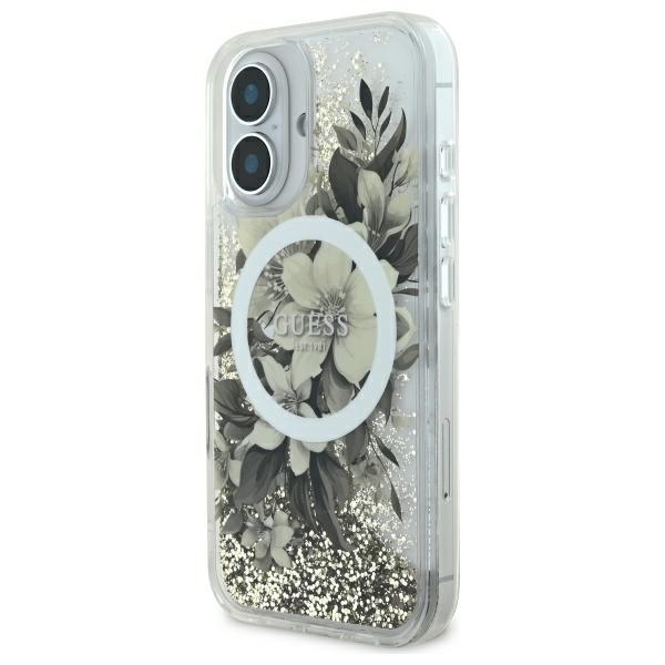 Guess iPhone 16 Case Liquid Glitter Flower MagSafe, Beige