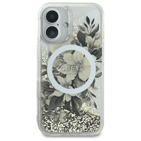 Guess iPhone 16 Case Liquid Glitter Flower MagSafe, Beige