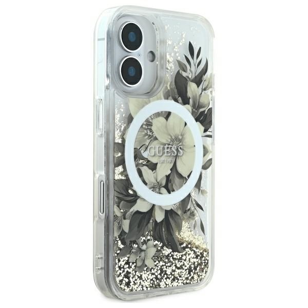 Guess iPhone 16 Case Liquid Glitter Flower MagSafe, Beige