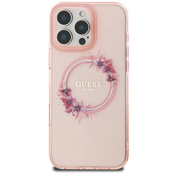Guess IML Flowers Wreath MagSafe iPhone 16 futrālis - Rozā krāsā | Case Pink