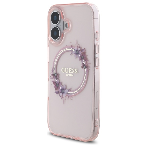 Чехол Guess IML Flowers Wreath MagSafe для iPhone 16 - розовый