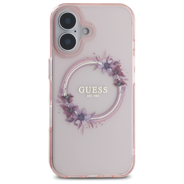 Чехол Guess IML Flowers Wreath MagSafe для iPhone 16 - розовый