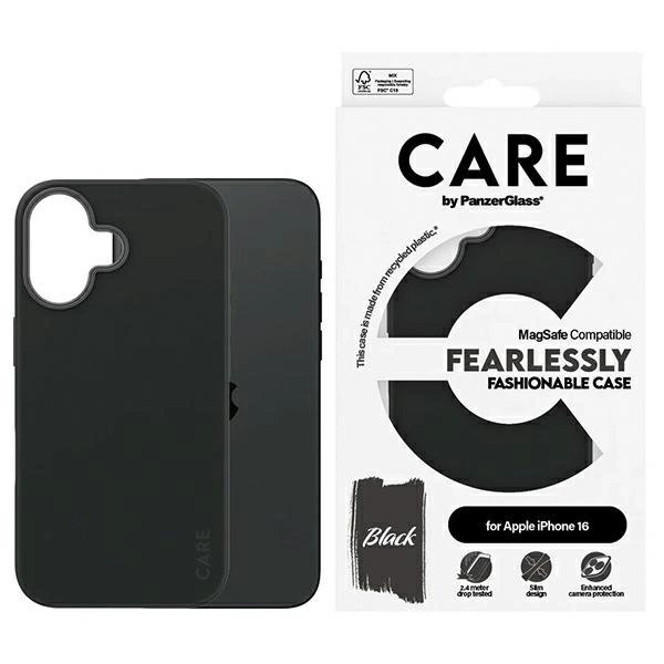 CARE by PanzerGlass iPhone 16 vāciņš Fashion Case, melns (MagSafe)