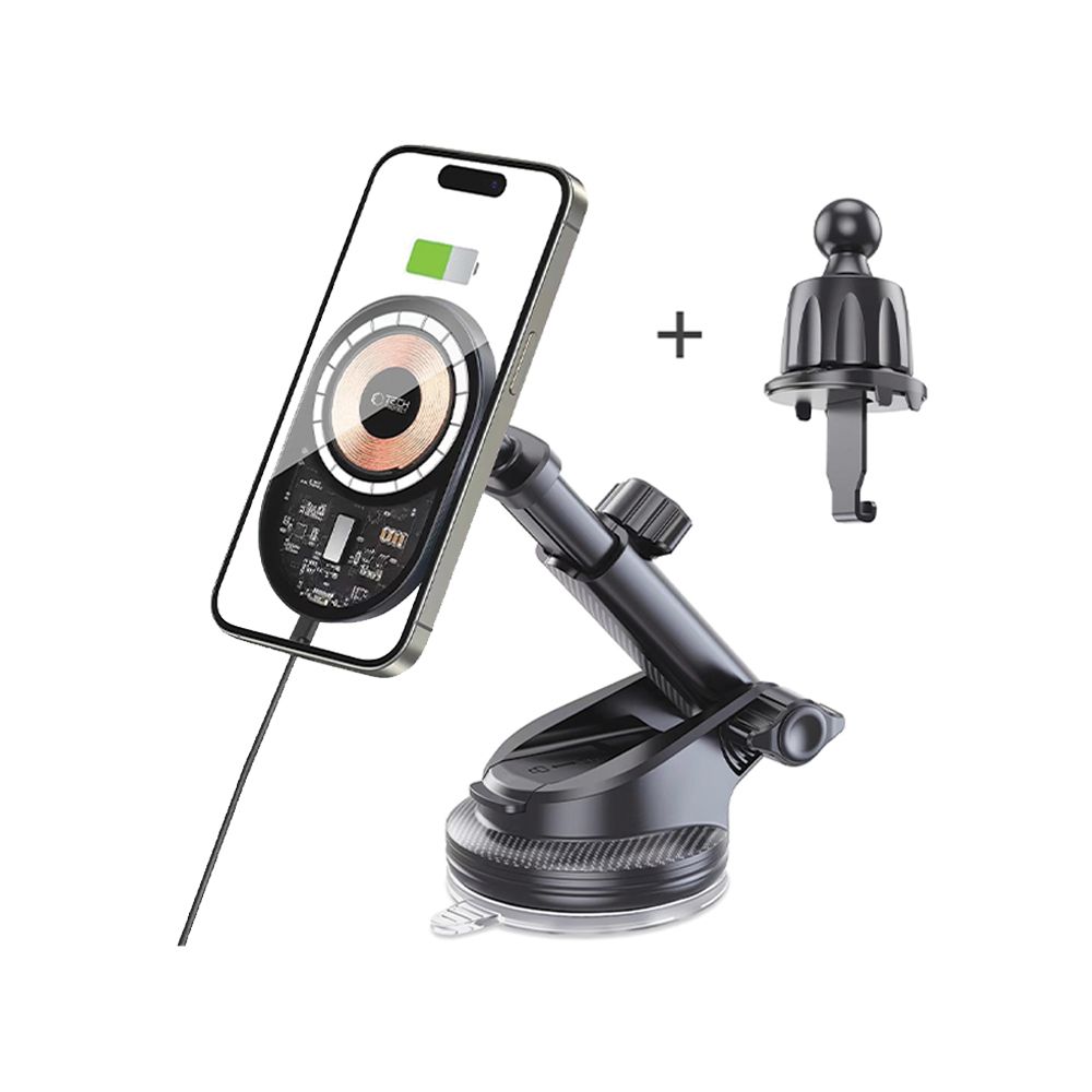Tech-Protect MM15W-V6 15W Car Charger Holder with MagSafe for Dashboard and Air Vent - Black