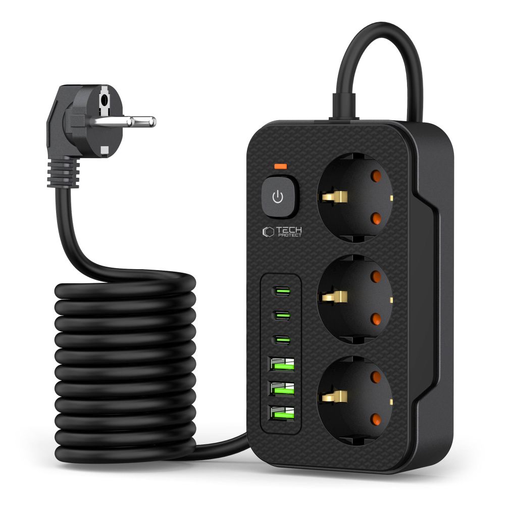 Tech-Protect PC3X6 strāvas adapteris 3 rozetes 240V + 3xUSB-A 3xUSB-C 200cm - melns | Power Strip Sockets Black