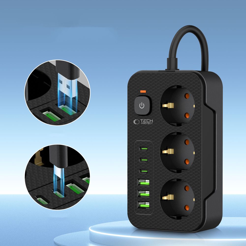 Tech-Protect PC3X6 strāvas adapteris 3 rozetes 240V + 3xUSB-A 3xUSB-C 200cm - melns | Power Strip Sockets Black