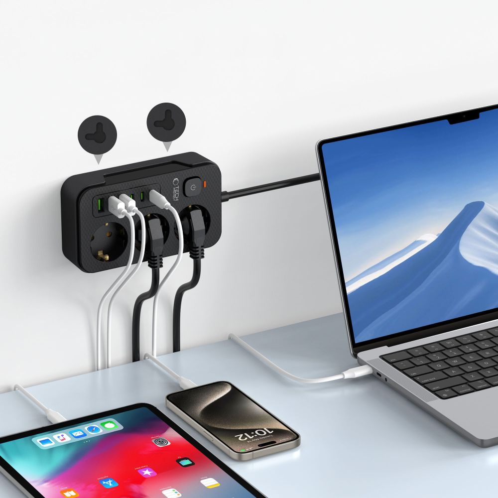 Tech-Protect PC3X6 strāvas adapteris 3 rozetes 240V + 3xUSB-A 3xUSB-C 200cm - melns | Power Strip Sockets Black