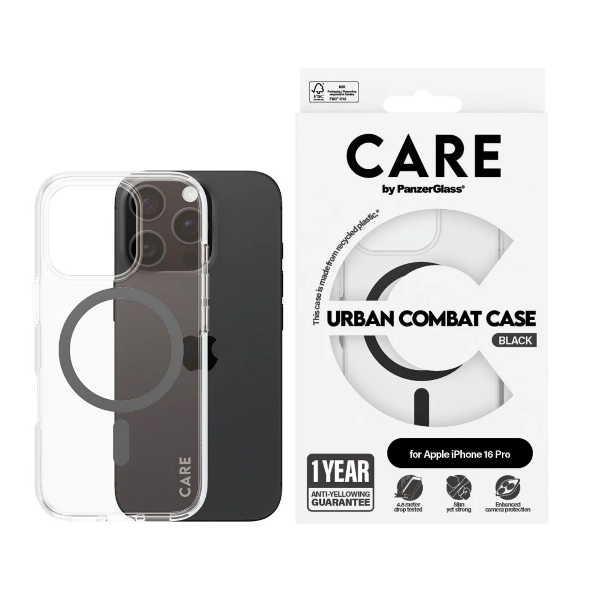 PanzerGlass 1346 CARE Flagship Case for iPhone 16 Pro, Transparent/Black