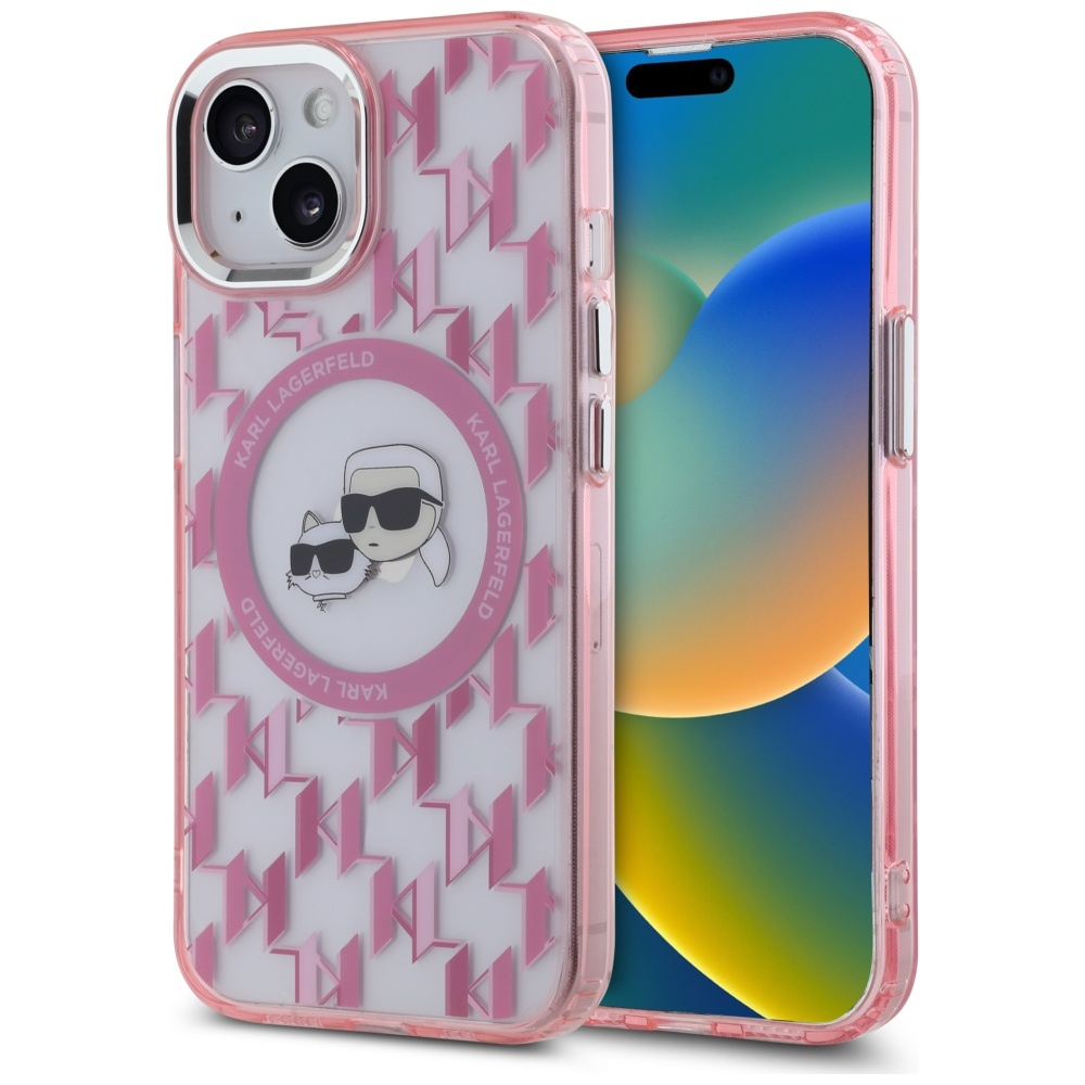 Apple iPhone 15 6.1'' Karl Lagerfeld IML Monogram Karl & Choupette Head MagSafe Cover Case, Pink