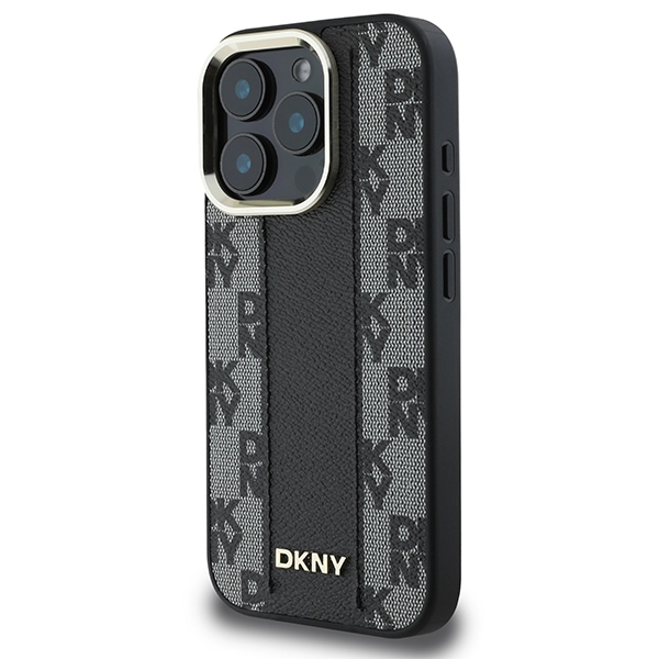 DKNY iPhone 16 Pro Case Leather Checkered Mono Pattern MagSafe, Black