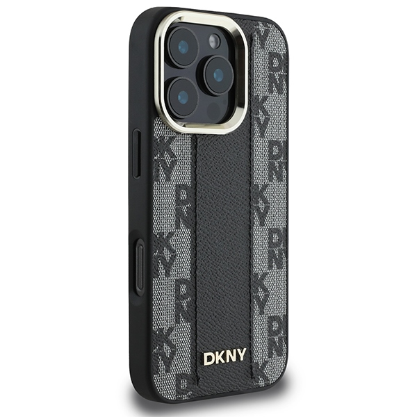 DKNY iPhone 16 Pro Case Leather Checkered Mono Pattern MagSafe, Black