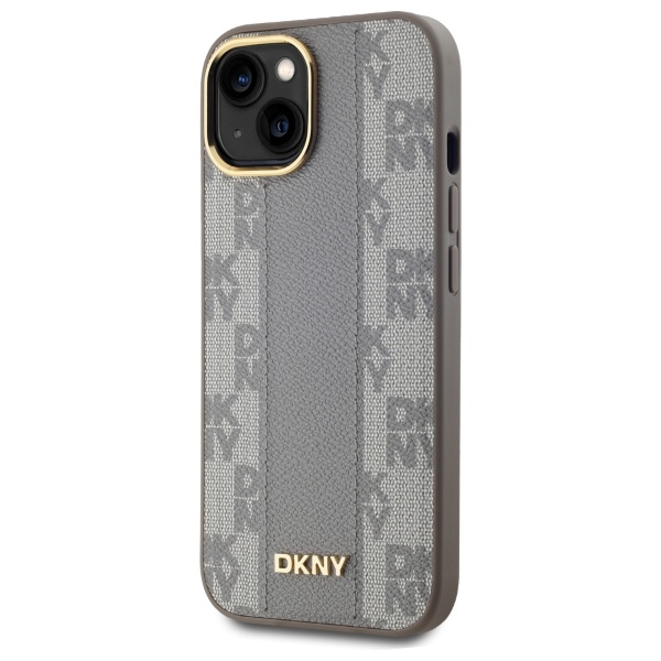 DKNY iPhone 15 Plus Case Leather Checkered Mono Pattern MagSafe, Beige
