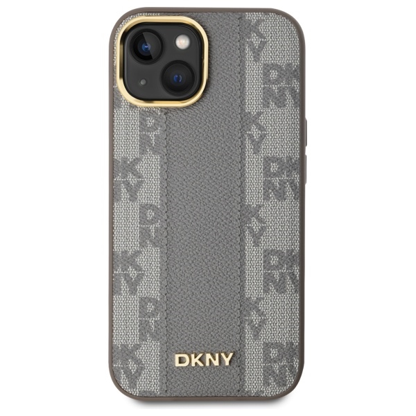 DKNY iPhone 15 Plus Case Leather Checkered Mono Pattern MagSafe, Beige