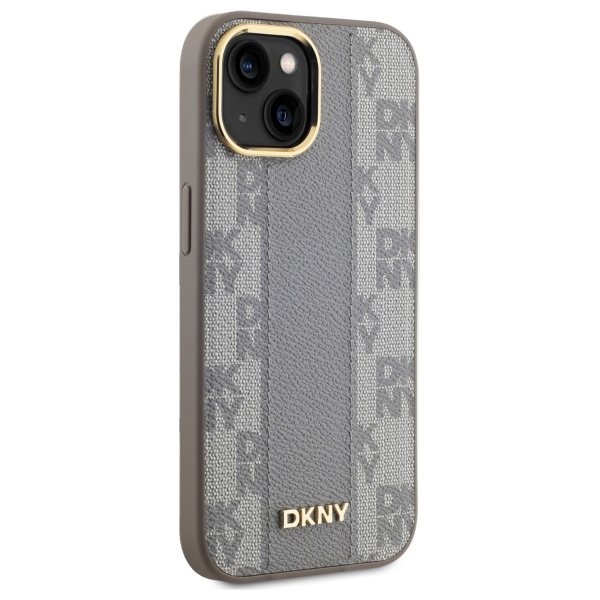 DKNY iPhone 15 Plus Case Leather Checkered Mono Pattern MagSafe, Beige