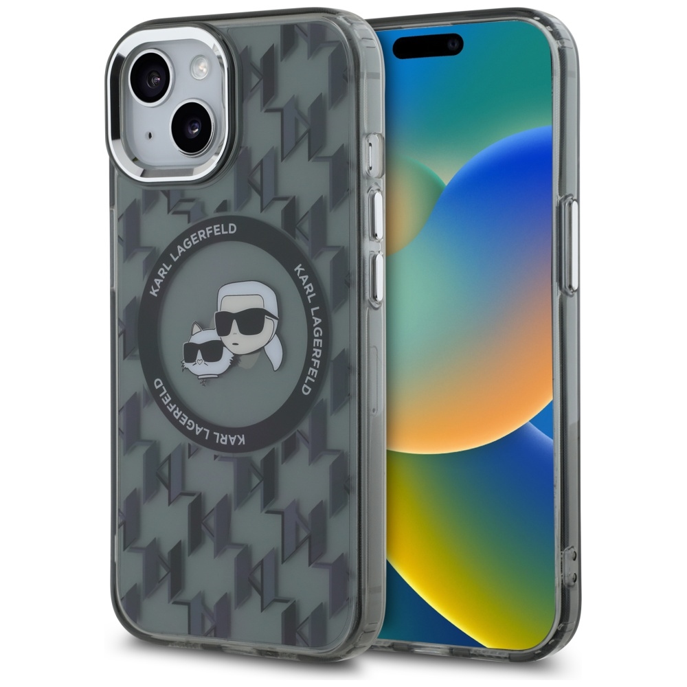 Apple iPhone 15 6.1'' Karl Lagerfeld IML Monogram Karl & Choupette Head MagSafe Cover Case, Black