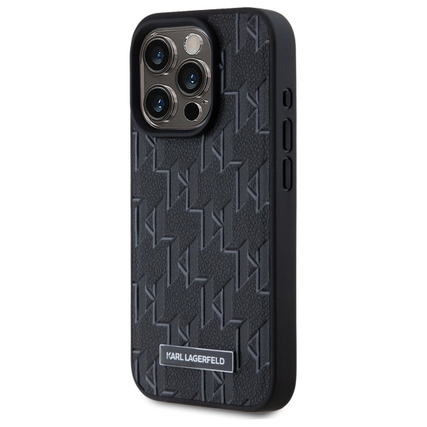 Karl Lagerfeld iPhone 15 Pro Case Leather Monogram Metal Logo MagSafe, Black