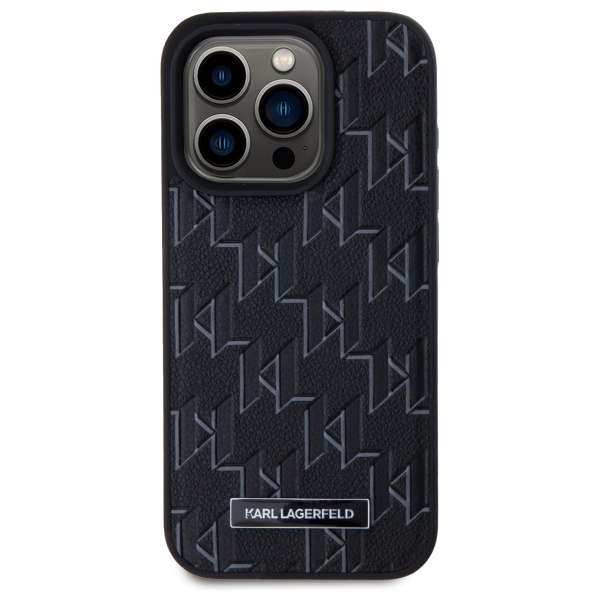 Karl Lagerfeld iPhone 15 Pro Case Leather Monogram Metal Logo MagSafe, Black