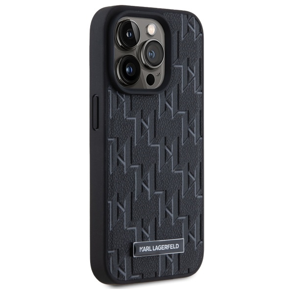 Karl Lagerfeld iPhone 15 Pro Case Leather Monogram Metal Logo MagSafe, Black