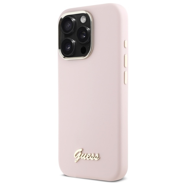 Guess iPhone 16 Pro Max Case Silicone Script Metal Logo & Frame, Pink