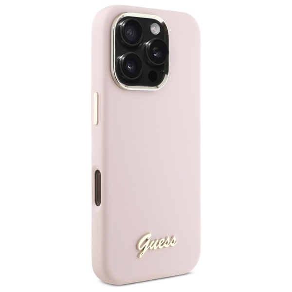 Guess iPhone 16 Pro Max Case Silicone Script Metal Logo & Frame, Pink