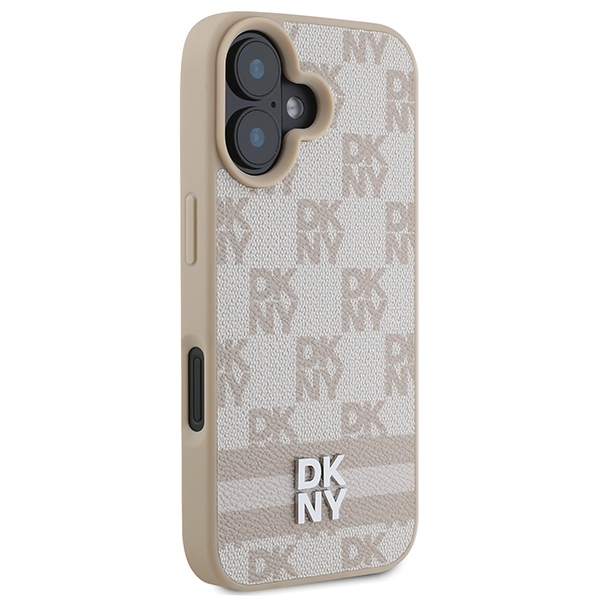 DKNY iPhone 16 Case Checkered Mono Pattern & Printed Stripes, Pink