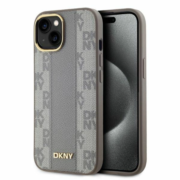 Apple iPhone 15 6.1'' DKNY Leather Checkered Mono Pattern MagSafe Case Cover, Beige