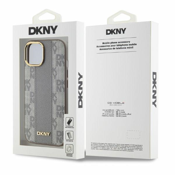 DKNY iPhone 15 Case Leather Checkered Mono Pattern MagSafe, Beige