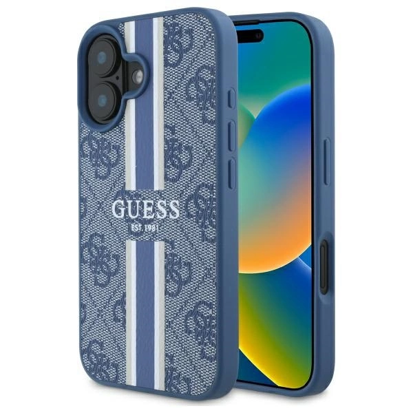 Apple iPhone 16 6.1'' Guess 4G Printed Stripes MagSafe Case Cover, Blue