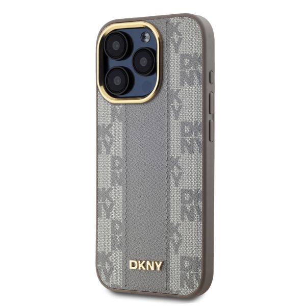 DKNY iPhone 15 Pro Max Case Leather Checkered Mono Pattern MagSafe, Beige