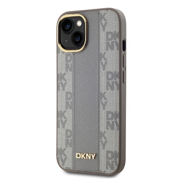 DKNY iPhone 14 Case Leather Checkered Mono Pattern MagSafe, Beige