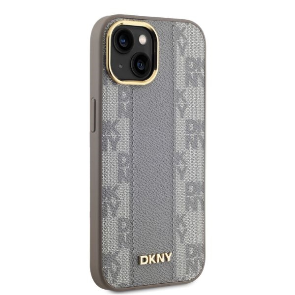 DKNY iPhone 14 Case Leather Checkered Mono Pattern MagSafe, Beige