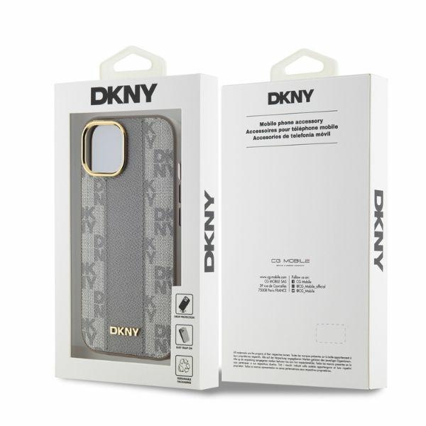 DKNY iPhone 14 Case Leather Checkered Mono Pattern MagSafe, Beige