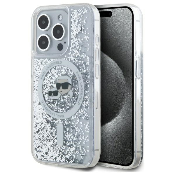 Apple iPhone 15 Pro 6.1'' Karl Lagerfeld Liquid Glitter Karl & Choupette Head Magsafe Cover Case, Clear