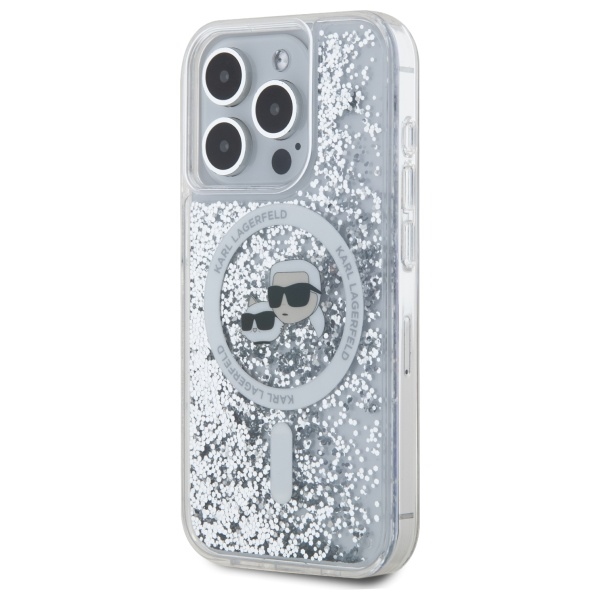 Karl Lagerfeld iPhone 15 Pro Case Liquid Glitter Karl & Choupette Head MagSafe, Clear
