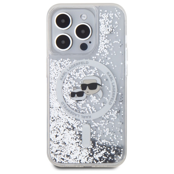 Karl Lagerfeld iPhone 15 Pro Case Liquid Glitter Karl & Choupette Head MagSafe, Clear