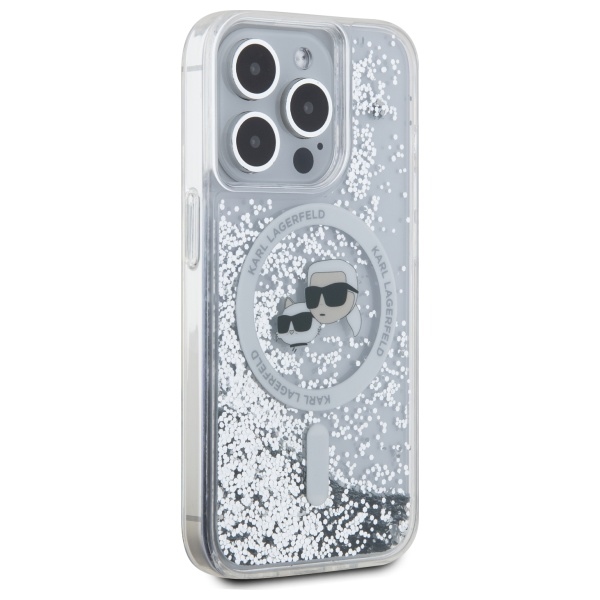 Karl Lagerfeld iPhone 15 Pro Case Liquid Glitter Karl & Choupette Head MagSafe, Clear
