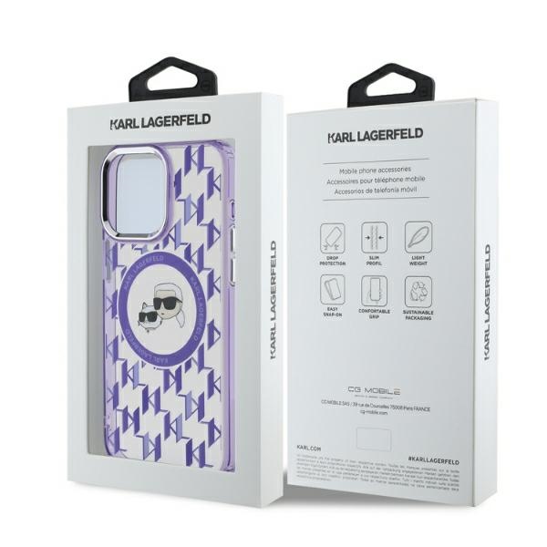Karl Lagerfeld iPhone 15 Pro Max Case IML Monogram Karl & Choupette MagSafe, Purple