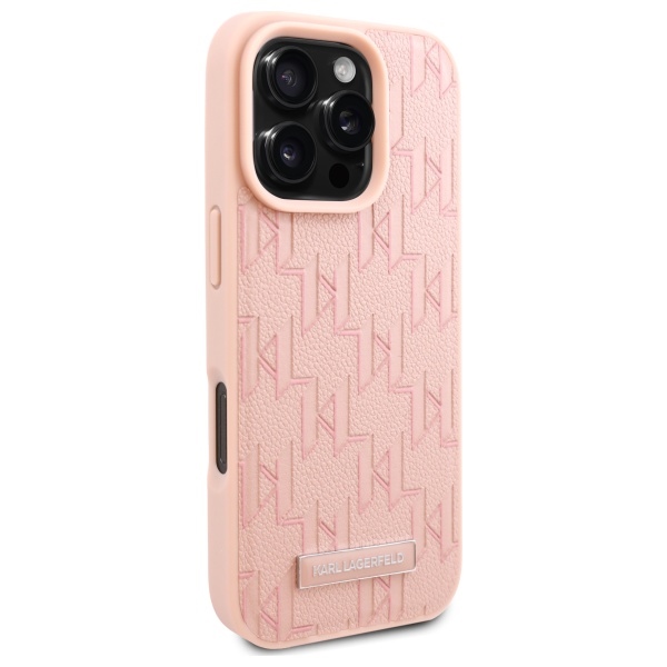 Karl Lagerfeld iPhone 16 Pro Case Leather Monogram Metal Logo, Pink